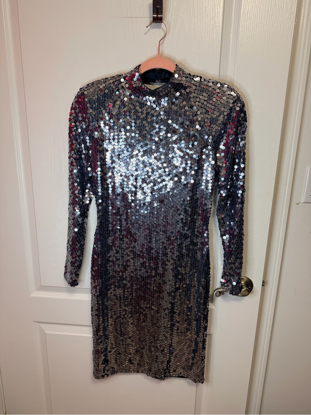 Cache Silver Sequin Long Sleeve Cocktail Dress
